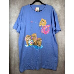 NWT VTG 90s Simply Basic Glitter Nightshirt One Size Blue Kittens Kristi Petosa